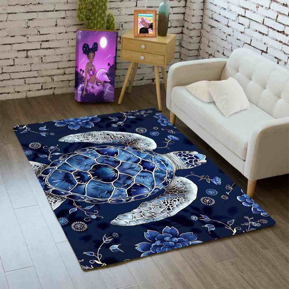 Blue Floral Sea Turtle Kids Playroom Rug Upgrade Ultra Non-Slip | CozyLil