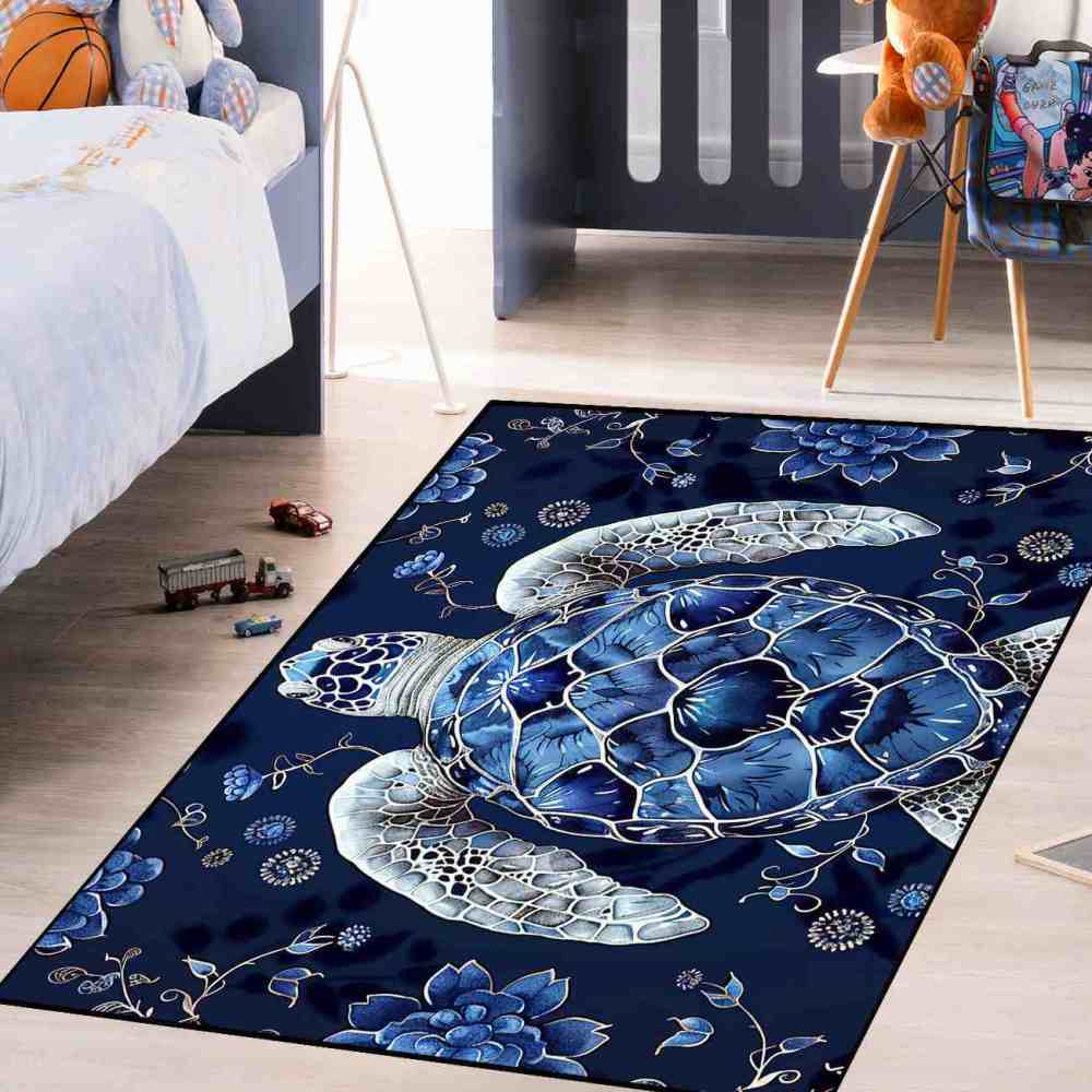 Blue Floral Sea Turtle Kids Playroom Rug Upgrade Ultra Non-Slip | CozyLil