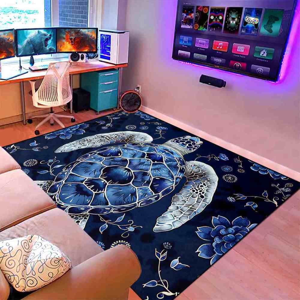 Blue Floral Sea Turtle Kids Playroom Rug Upgrade Ultra Non-Slip | CozyLil