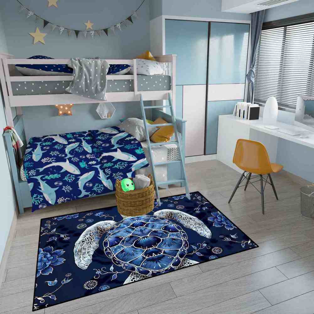 Blue Floral Sea Turtle Kids Playroom Rug Upgrade Ultra Non-Slip | CozyLil