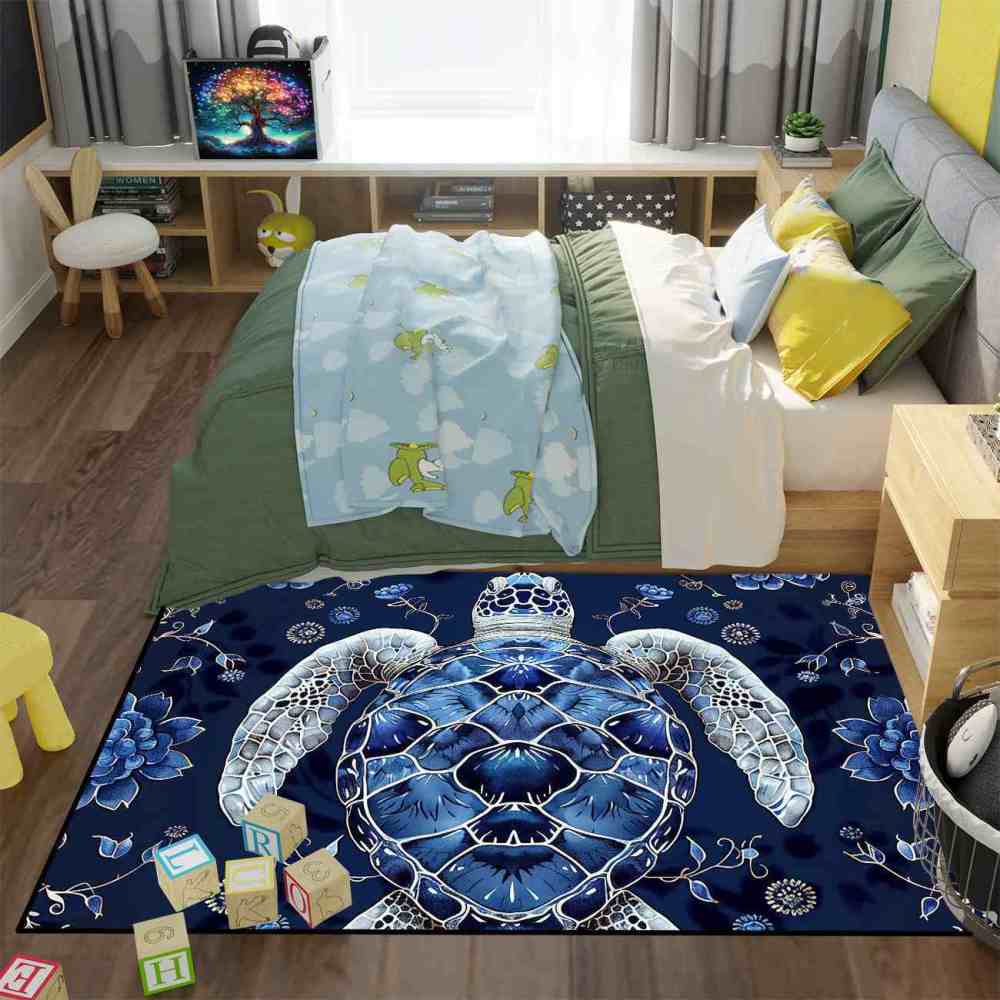 Blue Floral Sea Turtle Kids Playroom Rug Upgrade Ultra Non-Slip | CozyLil
