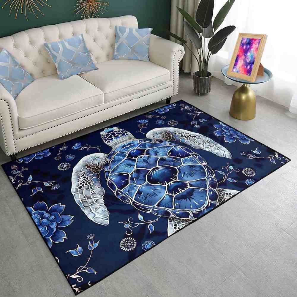 Blue Floral Sea Turtle Kids Playroom Rug Upgrade Ultra Non-Slip | CozyLil