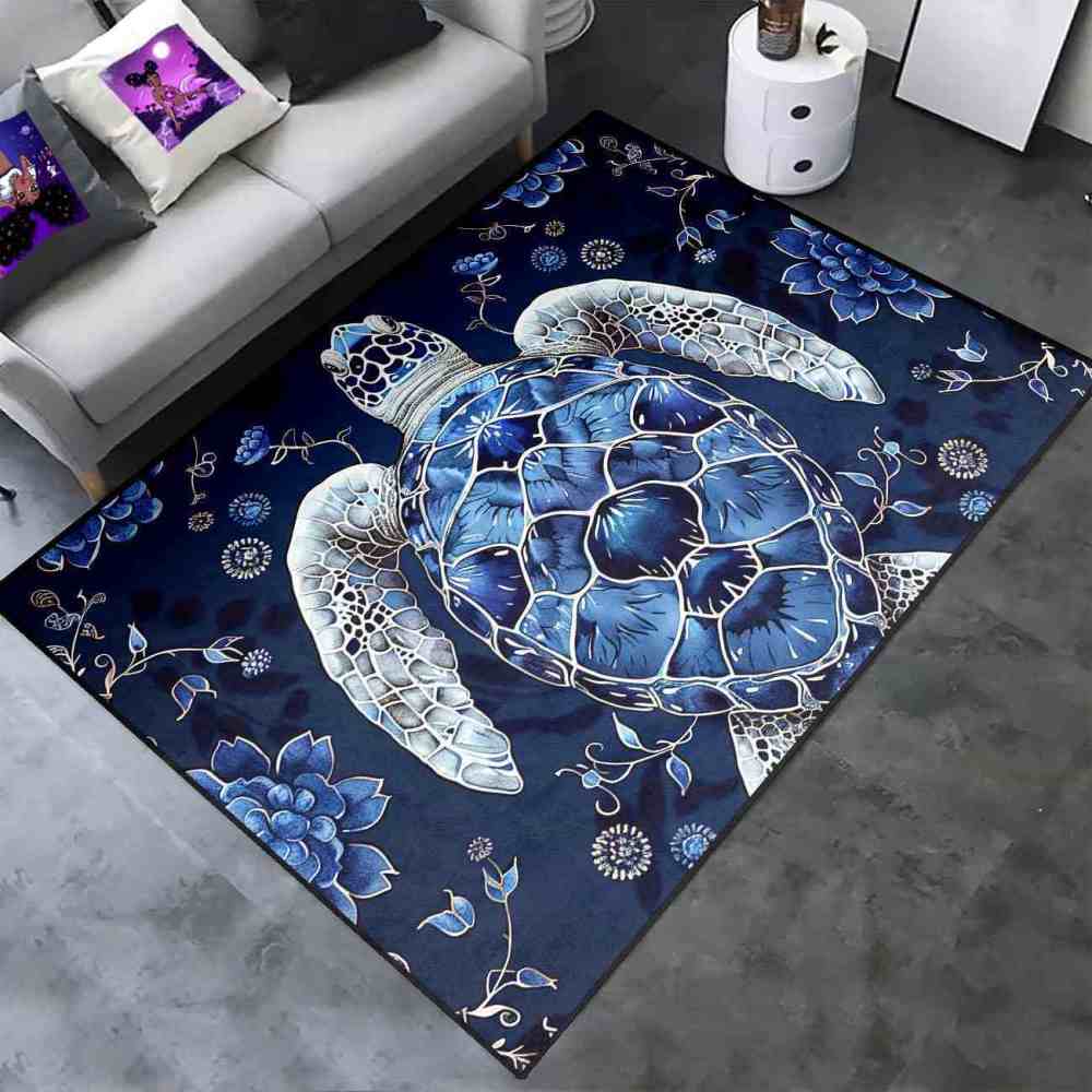 Blue Floral Sea Turtle Kids Playroom Rug Upgrade Ultra Non-Slip | CozyLil