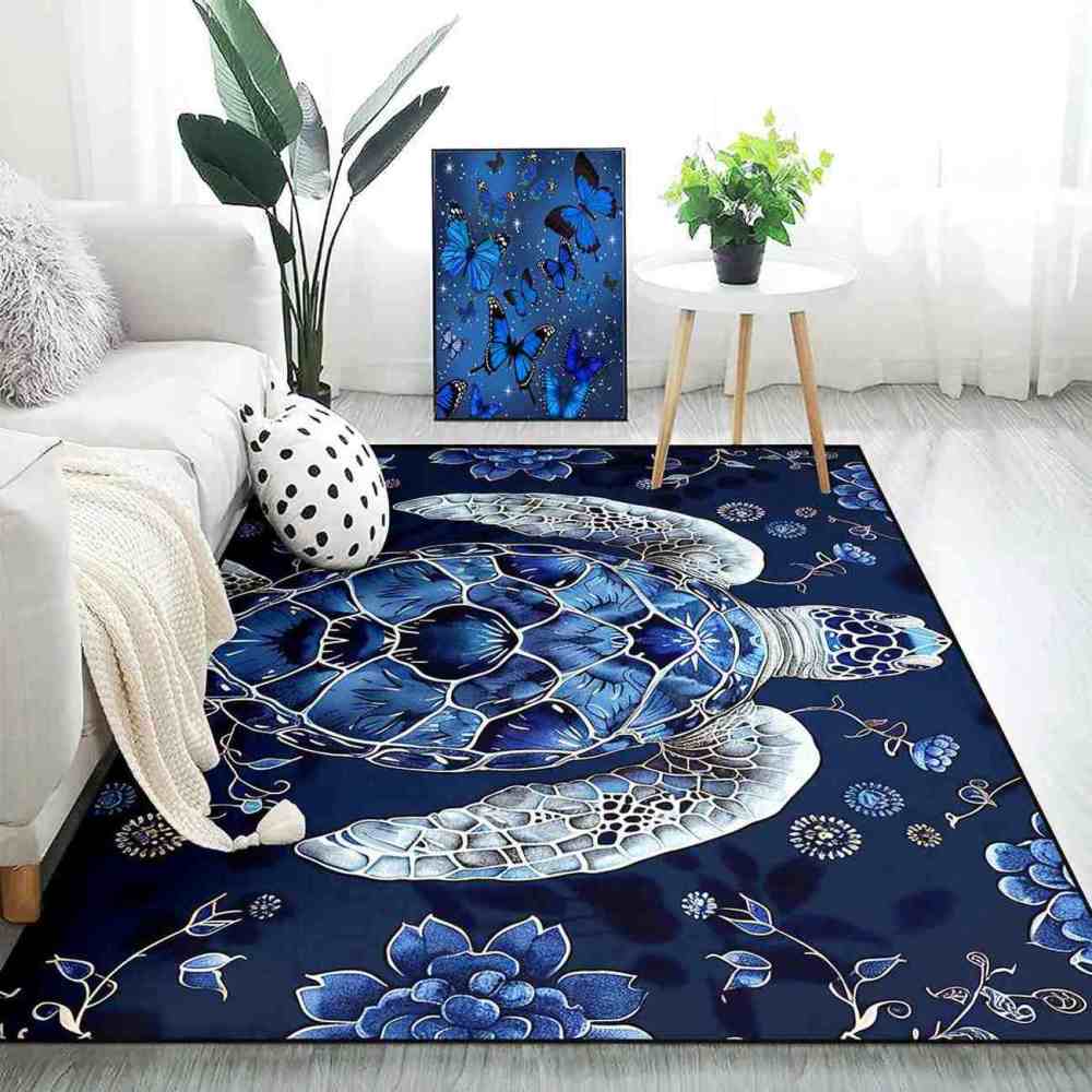 Blue Floral Sea Turtle Kids Playroom Rug Upgrade Ultra Non-Slip | CozyLil