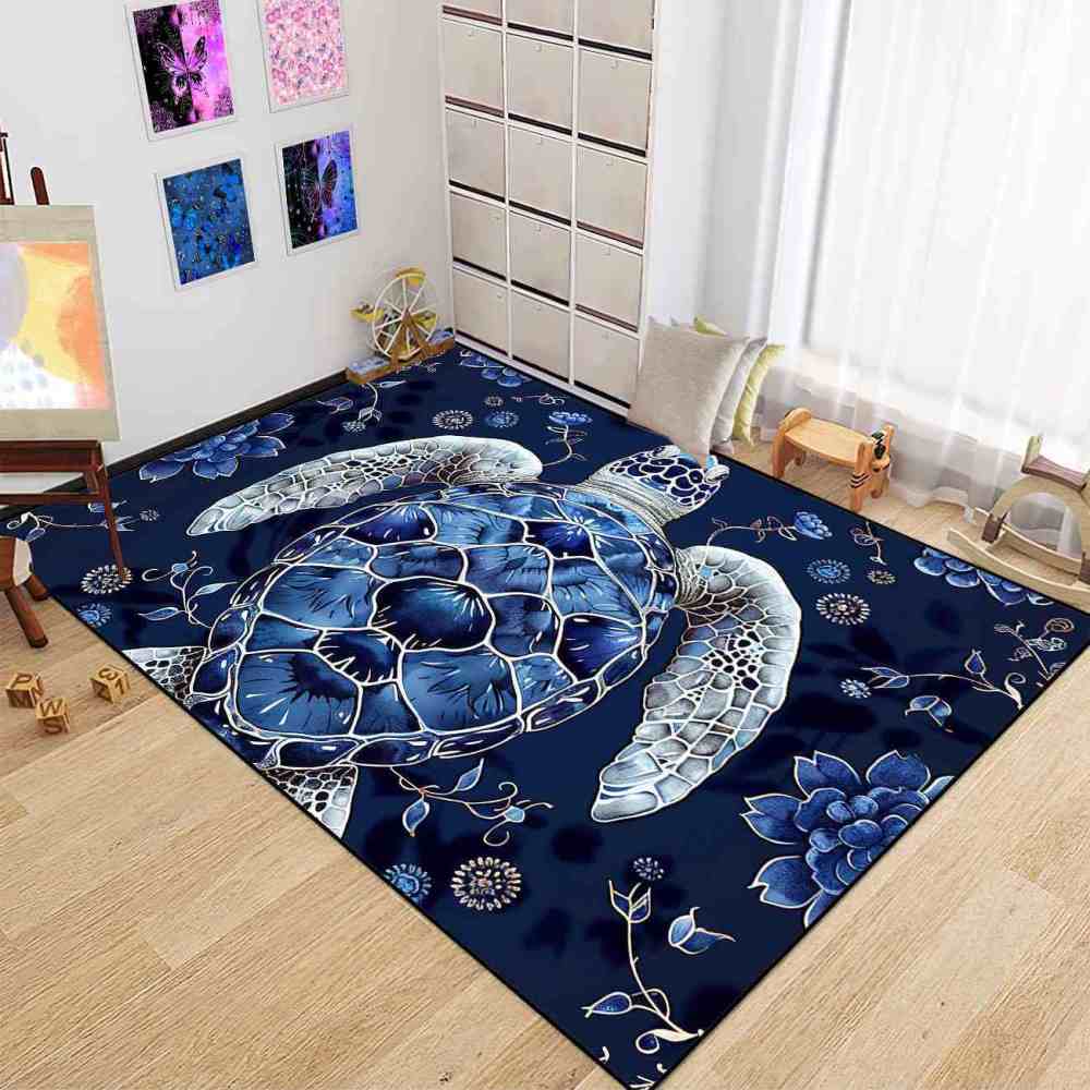 Blue Floral Sea Turtle Kids Playroom Rug Upgrade Ultra Non-Slip | CozyLil