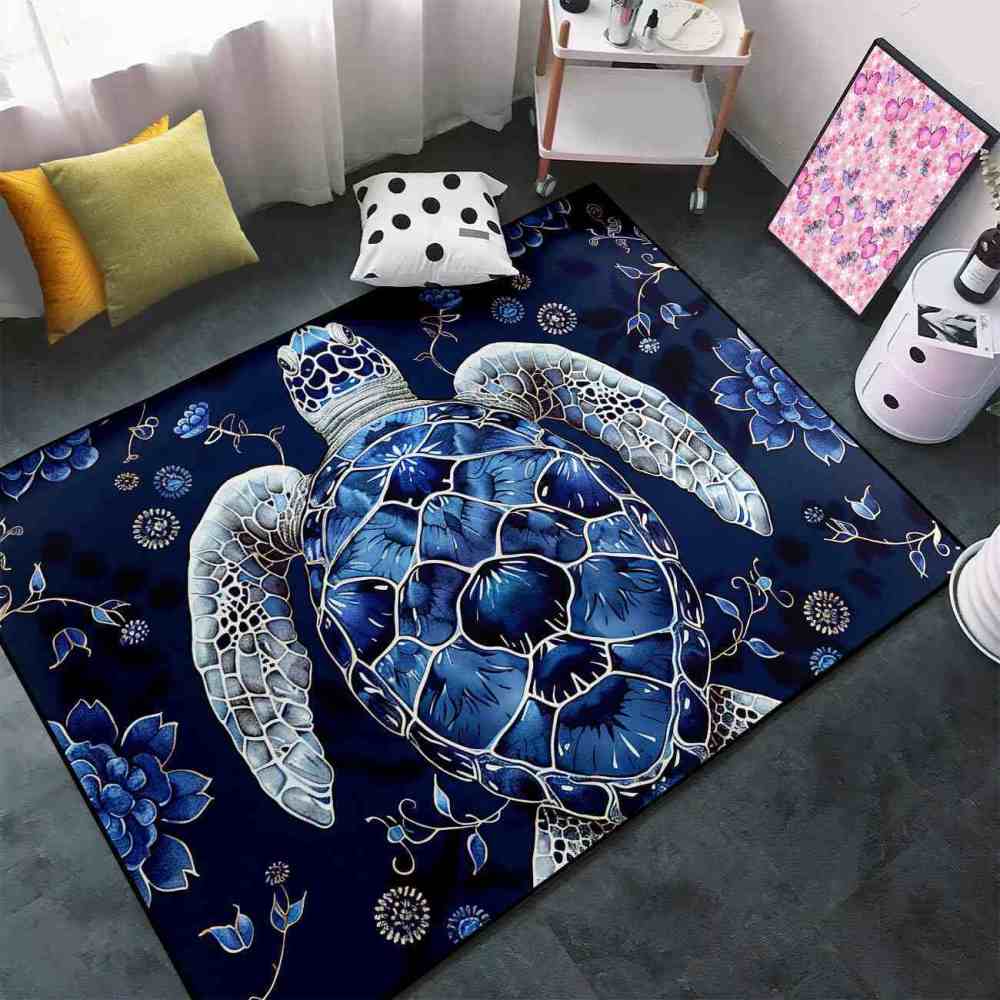 Blue Floral Sea Turtle Kids Playroom Rug Upgrade Ultra Non-Slip | CozyLil