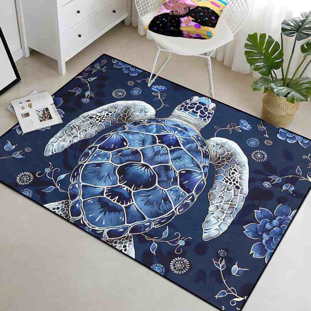 Blue Floral Sea Turtle Kids Playroom Rug Upgrade Ultra Non-Slip | CozyLil