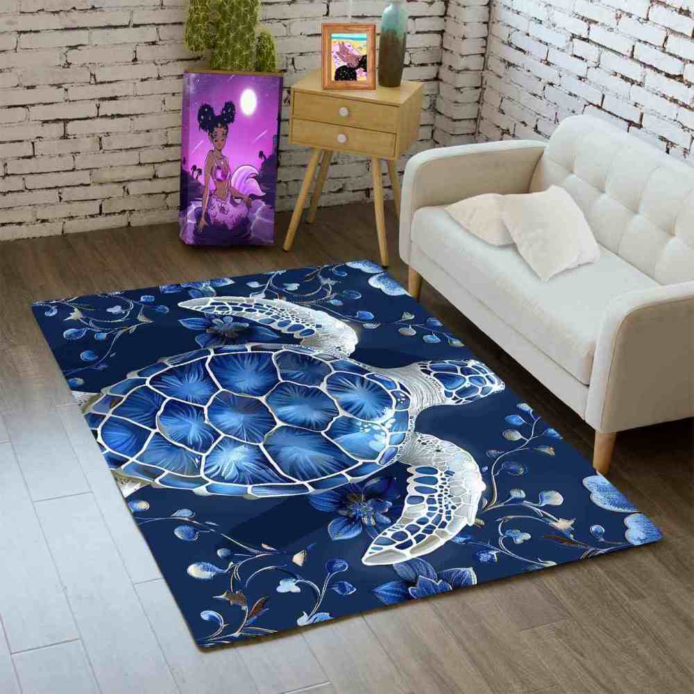 Geometric Blue Turtle Boys Bedroom Rug Upgrade Ultra Non-Slip | CozyLil