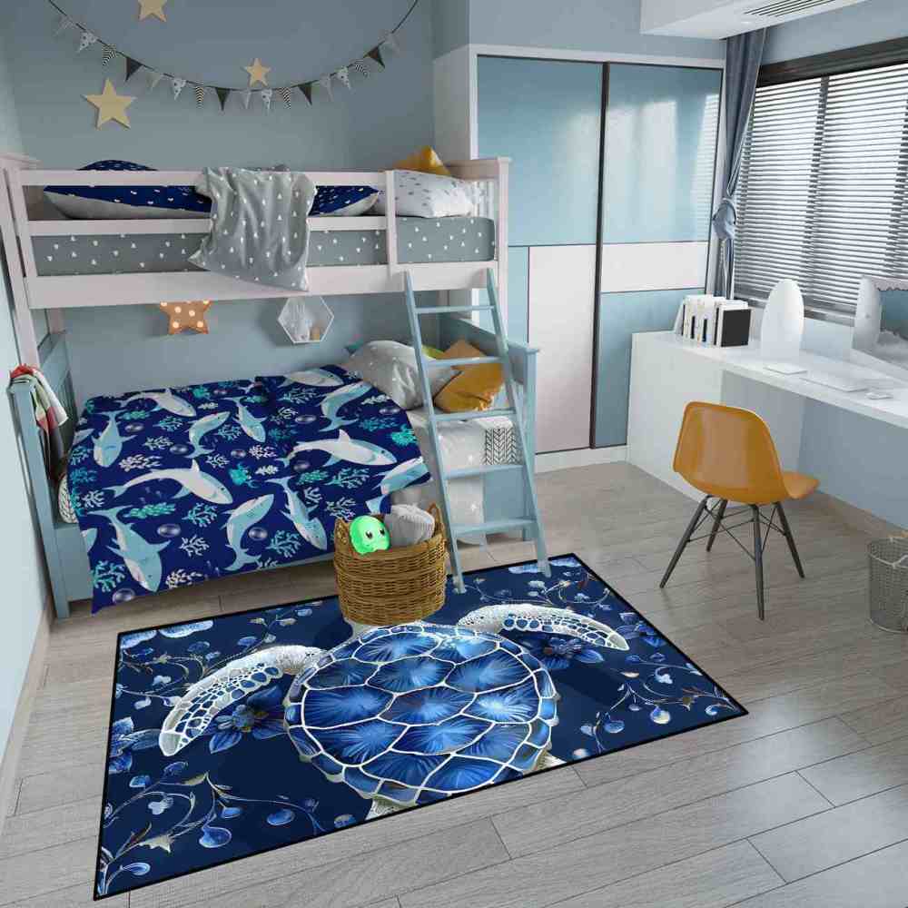 Geometric Blue Turtle Boys Bedroom Rug Upgrade Ultra Non-Slip | CozyLil