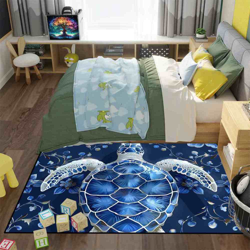 Geometric Blue Turtle Boys Bedroom Rug Upgrade Ultra Non-Slip | CozyLil