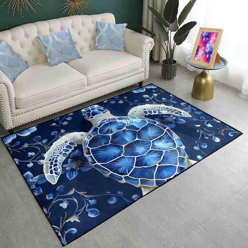 Geometric Blue Turtle Boys Bedroom Rug Upgrade Ultra Non-Slip | CozyLil