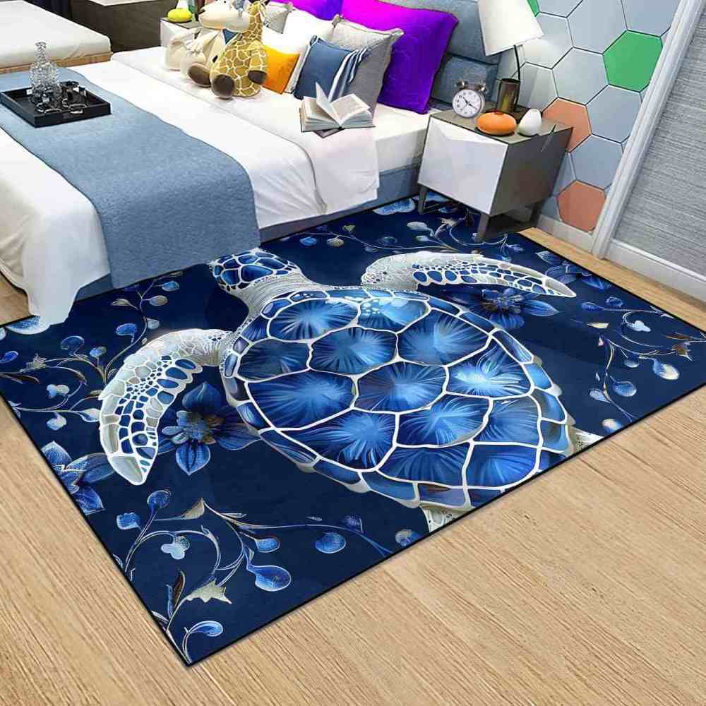 Geometric Blue Turtle Boys Bedroom Rug Upgrade Ultra Non-Slip | CozyLil
