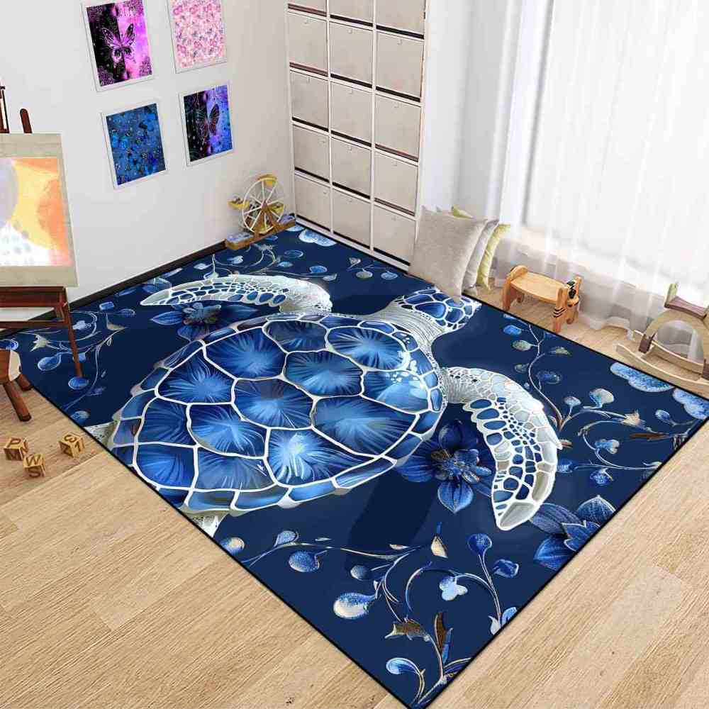 Geometric Blue Turtle Boys Bedroom Rug Upgrade Ultra Non-Slip | CozyLil