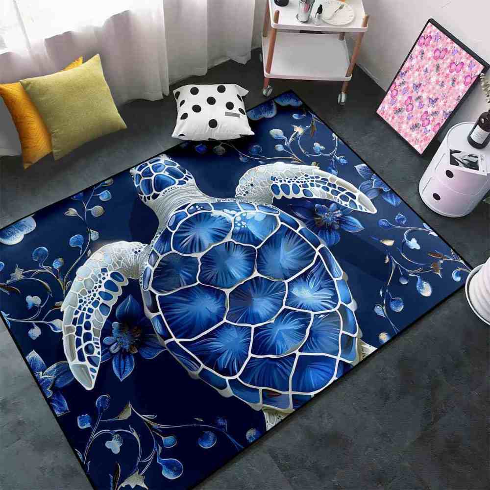 Geometric Blue Turtle Boys Bedroom Rug Upgrade Ultra Non-Slip | CozyLil