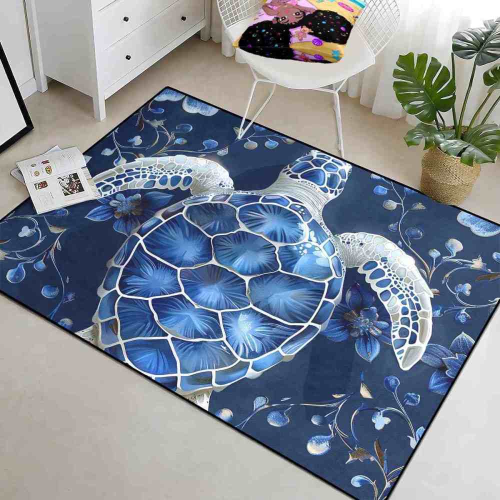 Geometric Blue Turtle Boys Bedroom Rug Upgrade Ultra Non-Slip | CozyLil