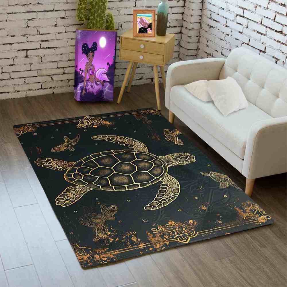 Vintage Gold Sea Turtle Rug Upgrade Ultra Non-Slip Backing Living Room | CozyLil