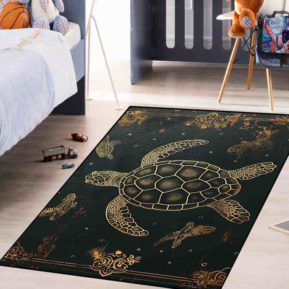 Vintage Gold Sea Turtle Rug Upgrade Ultra Non-Slip Backing Living Room | CozyLil