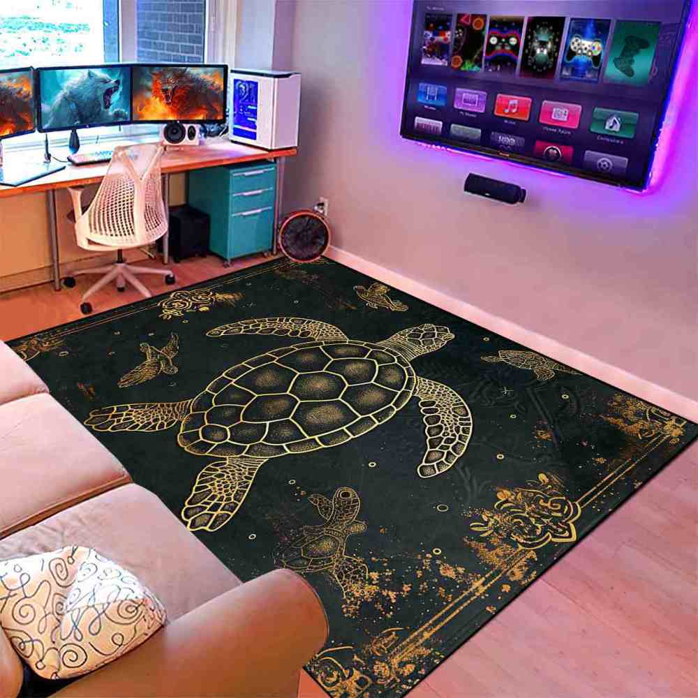Vintage Gold Sea Turtle Rug Upgrade Ultra Non-Slip Backing Living Room | CozyLil