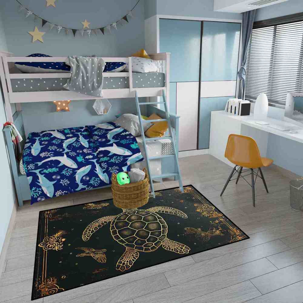 Vintage Gold Sea Turtle Rug Upgrade Ultra Non-Slip Backing Living Room | CozyLil