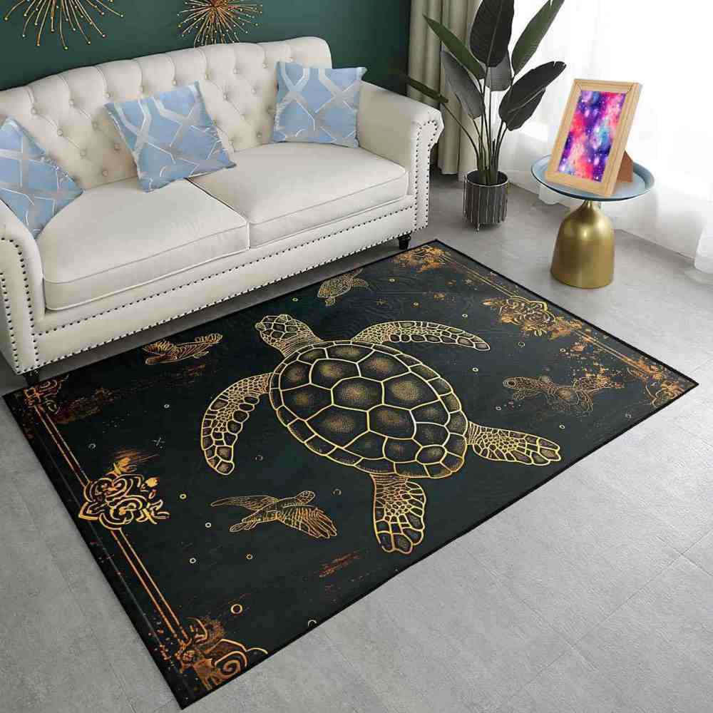 Vintage Gold Sea Turtle Rug Upgrade Ultra Non-Slip Backing Living Room | CozyLil