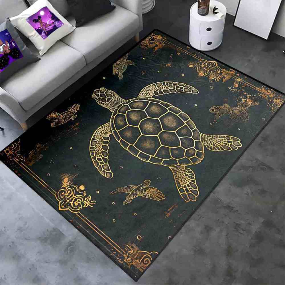 Vintage Gold Sea Turtle Rug Upgrade Ultra Non-Slip Backing Living Room | CozyLil