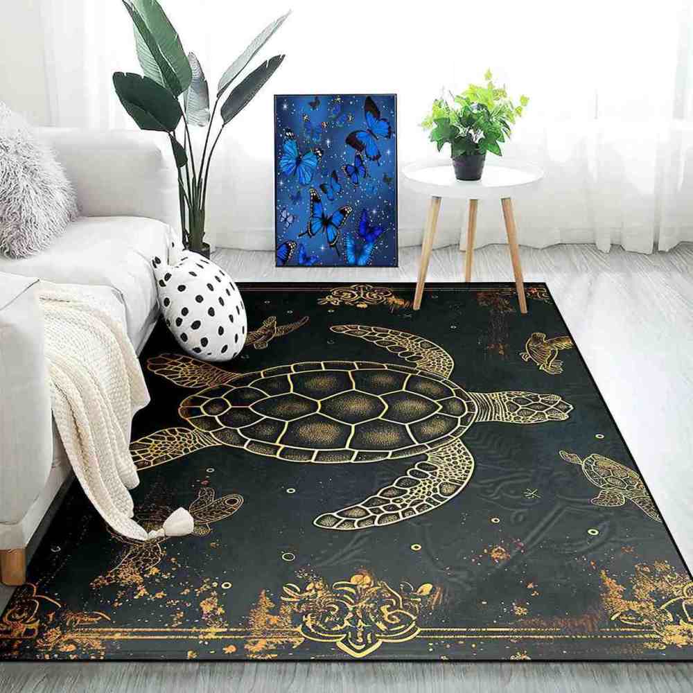 Vintage Gold Sea Turtle Rug Upgrade Ultra Non-Slip Backing Living Room | CozyLil