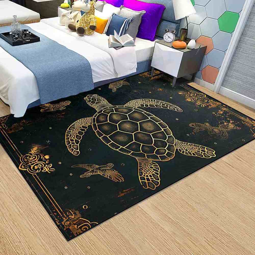 Vintage Gold Sea Turtle Rug Upgrade Ultra Non-Slip Backing Living Room | CozyLil