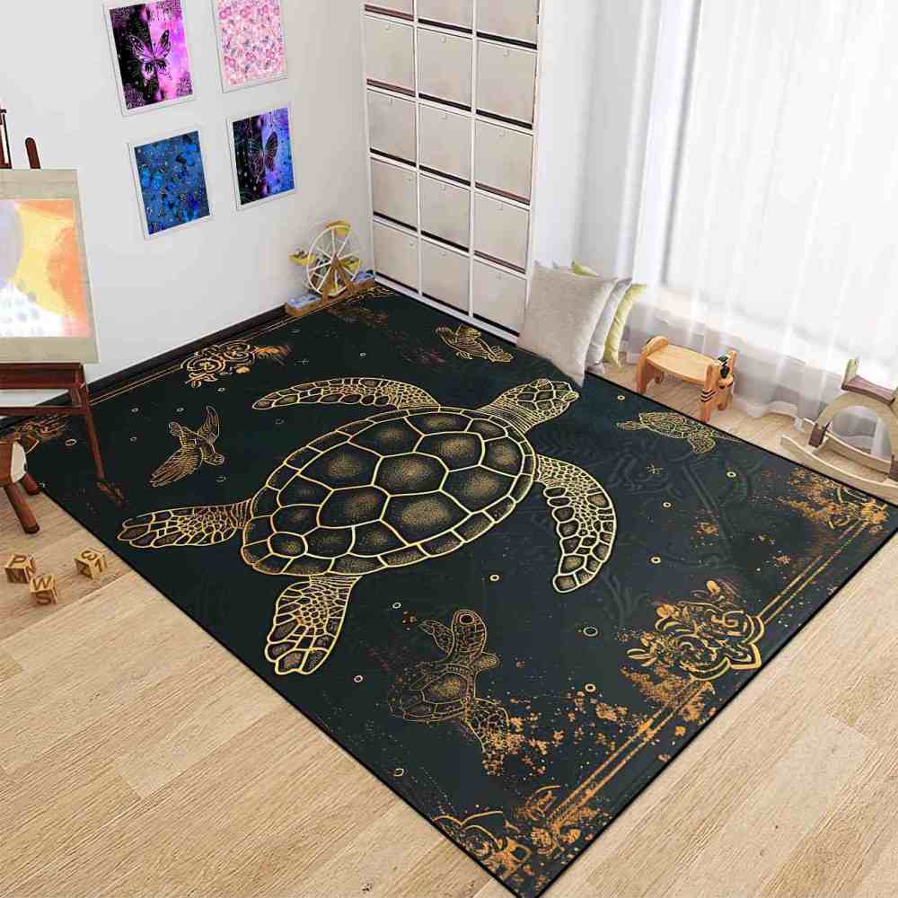 Vintage Gold Sea Turtle Rug Upgrade Ultra Non-Slip Backing Living Room | CozyLil