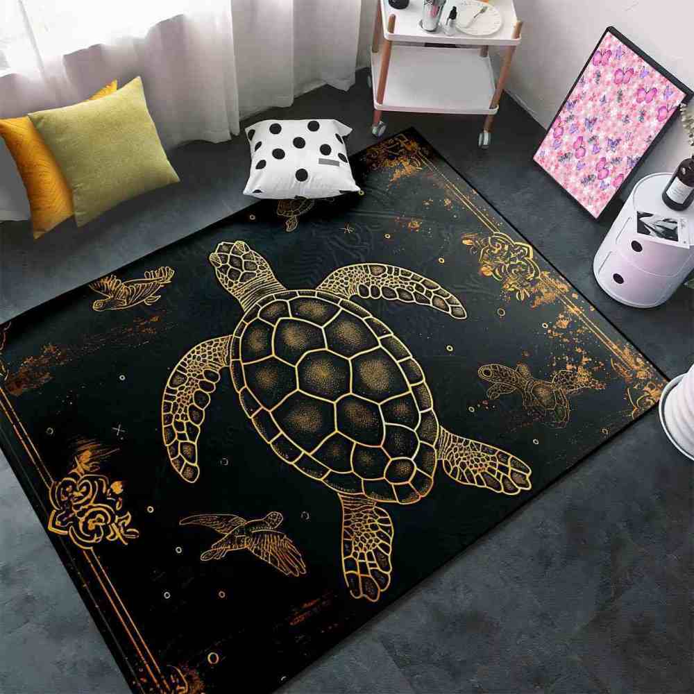 Vintage Gold Sea Turtle Rug Upgrade Ultra Non-Slip Backing Living Room | CozyLil