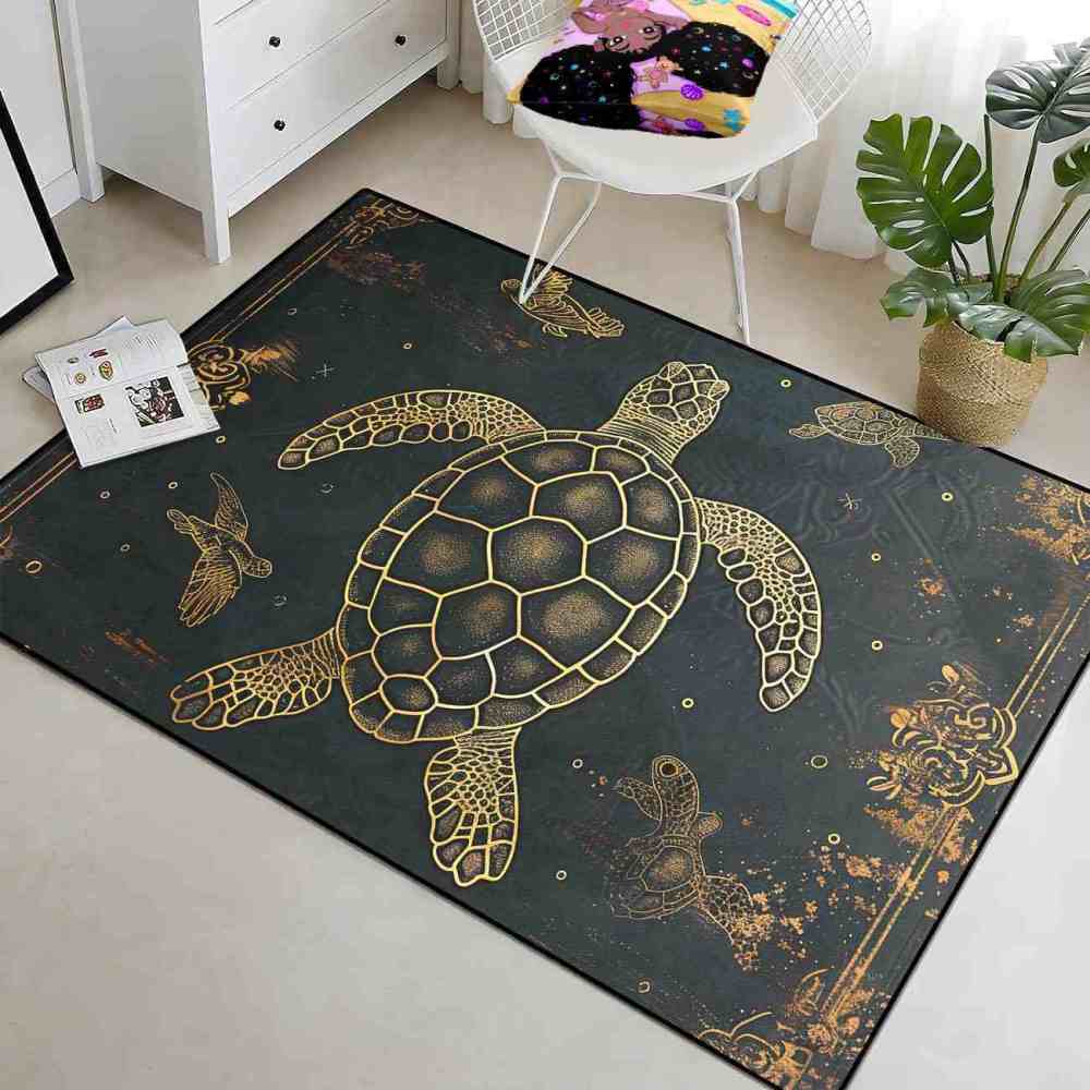 Vintage Gold Sea Turtle Rug Upgrade Ultra Non-Slip Backing Living Room | CozyLil