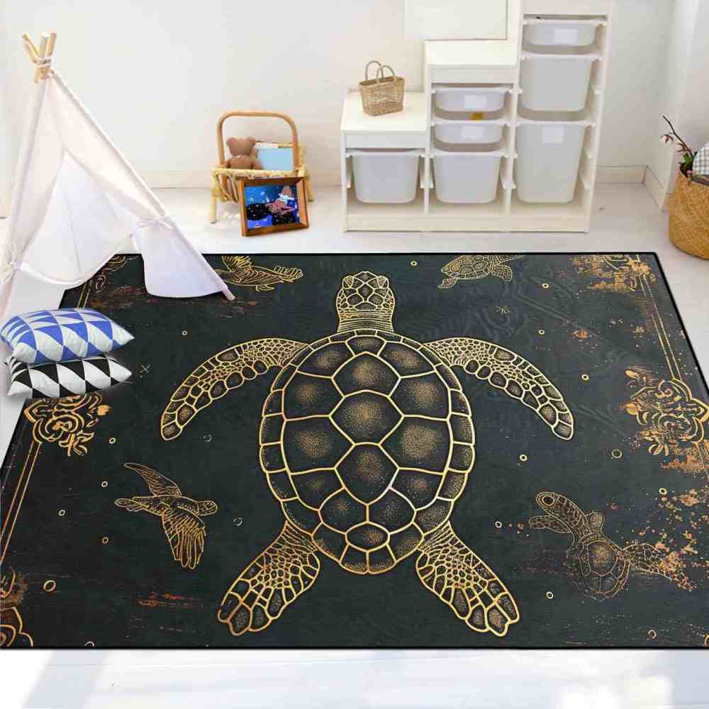 Vintage Gold Sea Turtle Rug Upgrade Ultra Non-Slip Backing Living Room | CozyLil