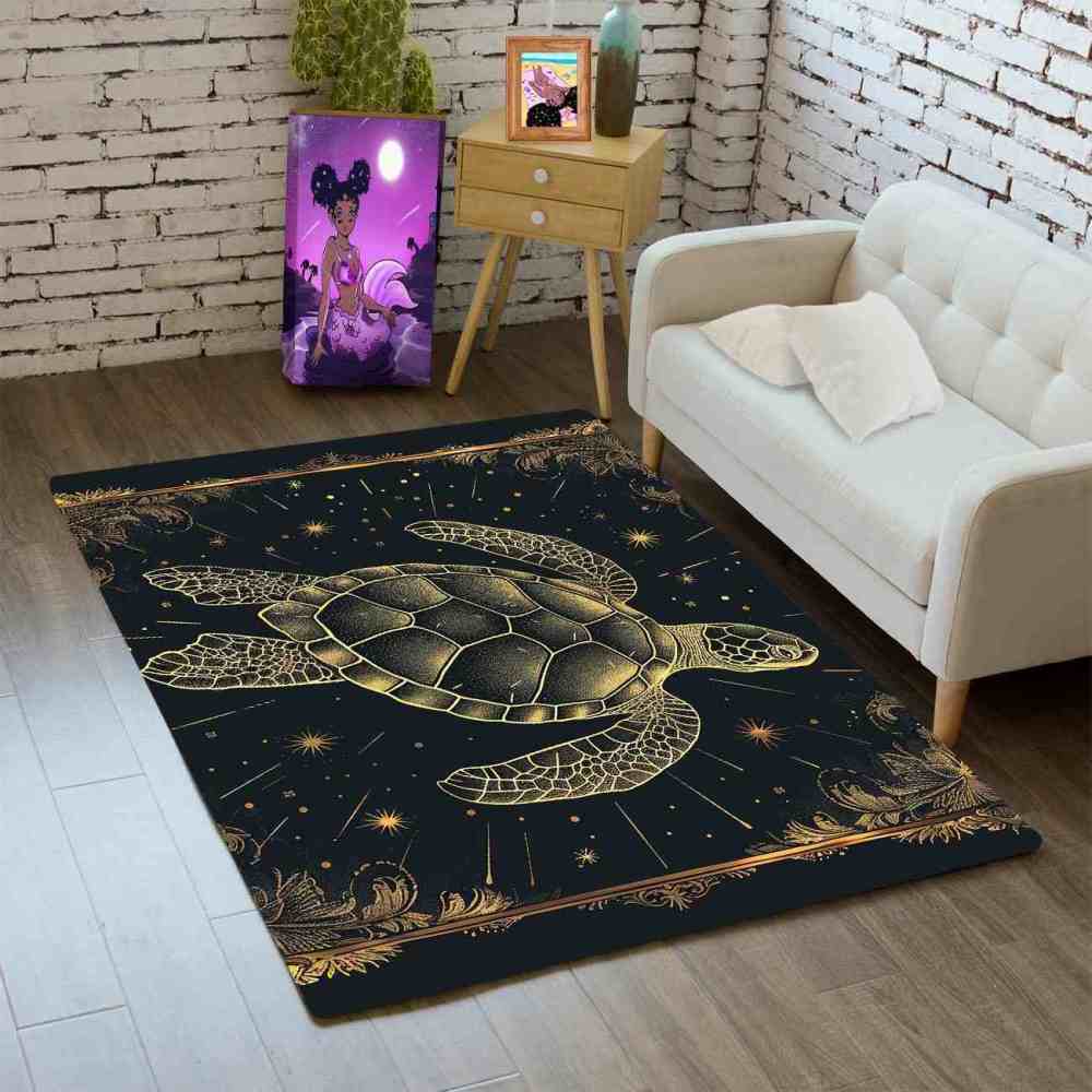 Celestial Gold Sea Turtle Rug Upgrade Ultra Non-Slip Backing Bedroom | CozyLil