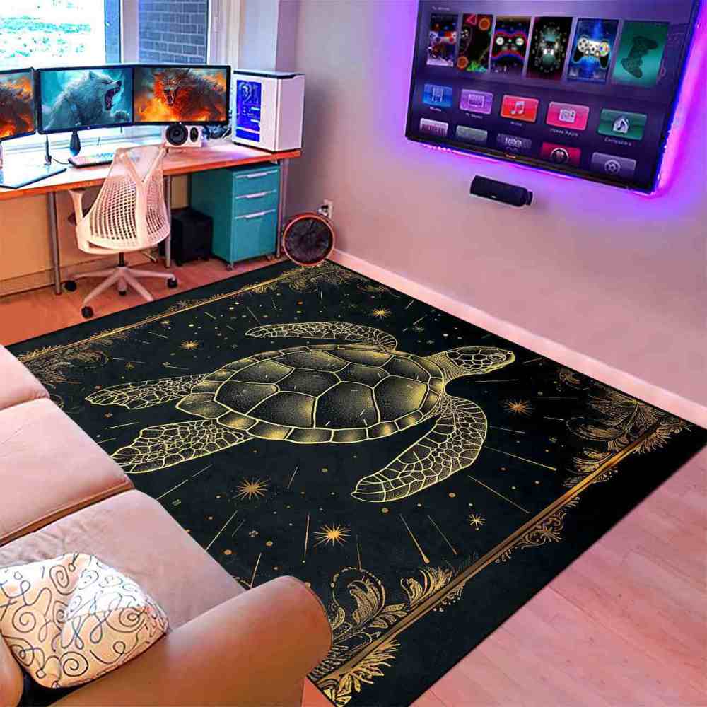 Celestial Gold Sea Turtle Rug Upgrade Ultra Non-Slip Backing Bedroom | CozyLil