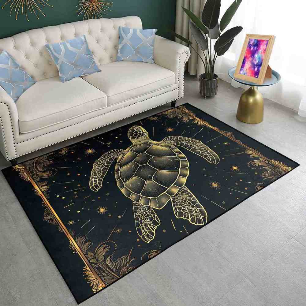 Celestial Gold Sea Turtle Rug Upgrade Ultra Non-Slip Backing Bedroom | CozyLil