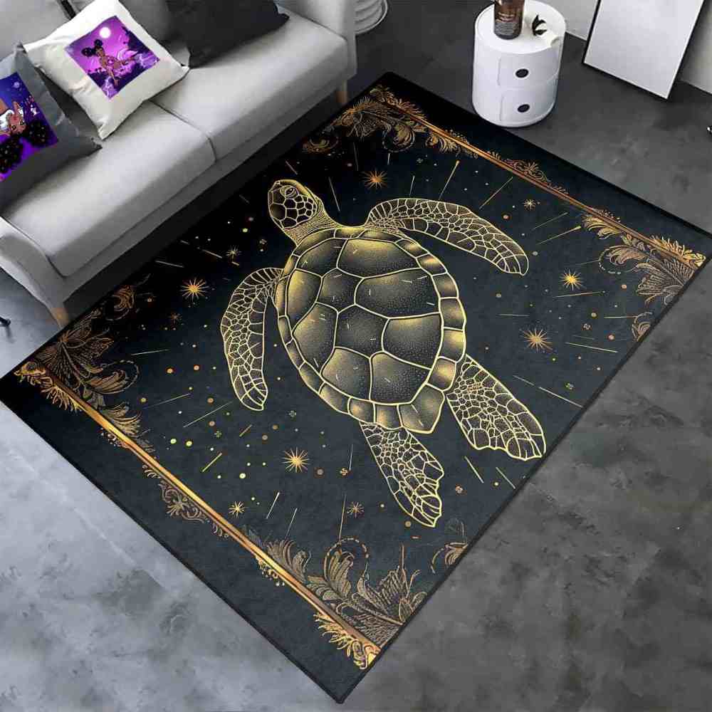 Celestial Gold Sea Turtle Rug Upgrade Ultra Non-Slip Backing Bedroom | CozyLil