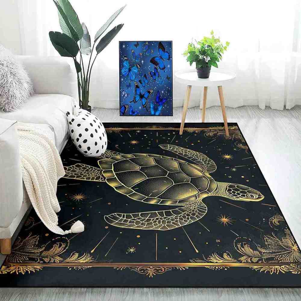 Celestial Gold Sea Turtle Rug Upgrade Ultra Non-Slip Backing Bedroom | CozyLil