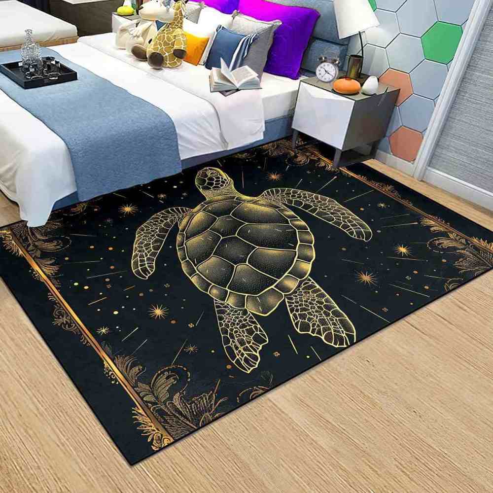 Celestial Gold Sea Turtle Rug Upgrade Ultra Non-Slip Backing Bedroom | CozyLil