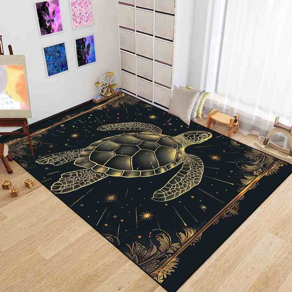 Celestial Gold Sea Turtle Rug Upgrade Ultra Non-Slip Backing Bedroom | CozyLil