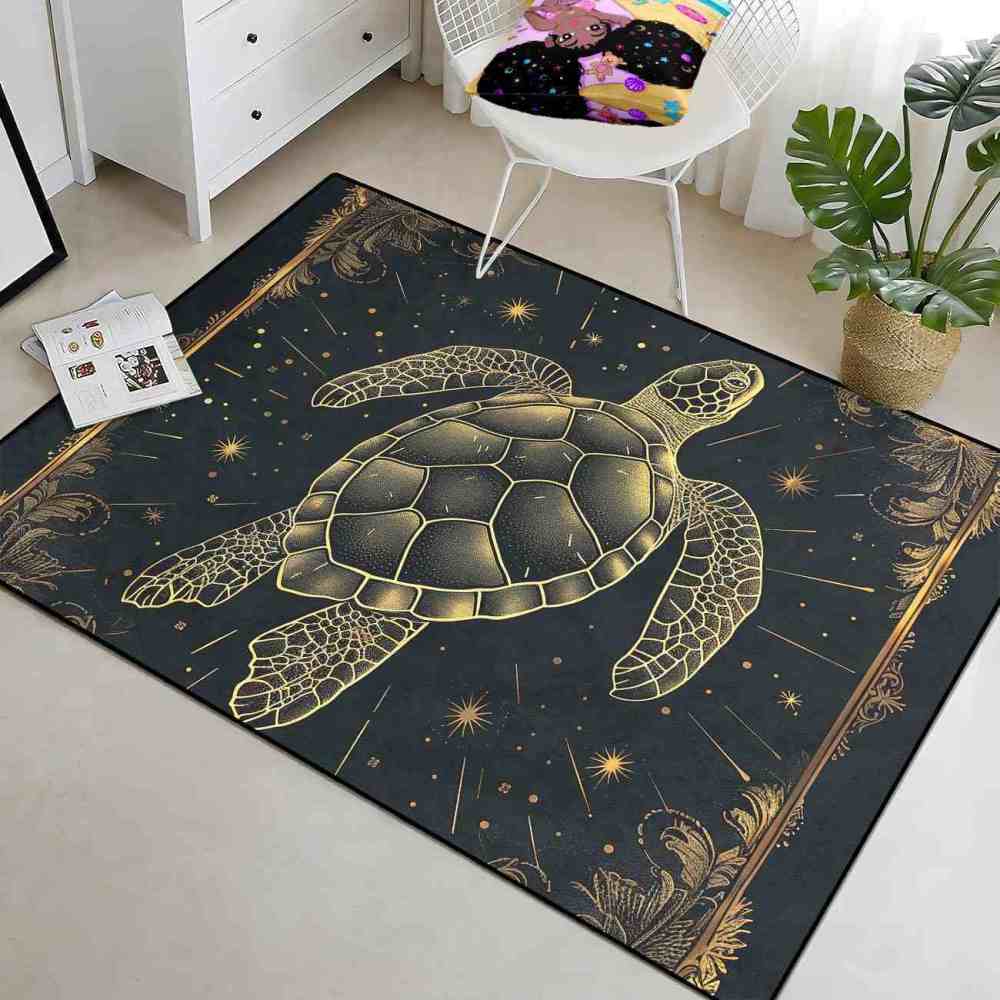 Celestial Gold Sea Turtle Rug Upgrade Ultra Non-Slip Backing Bedroom | CozyLil