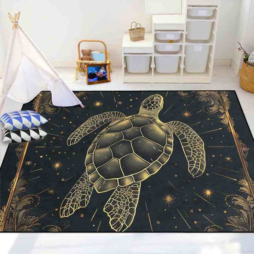 Celestial Gold Sea Turtle Rug Upgrade Ultra Non-Slip Backing Bedroom | CozyLil