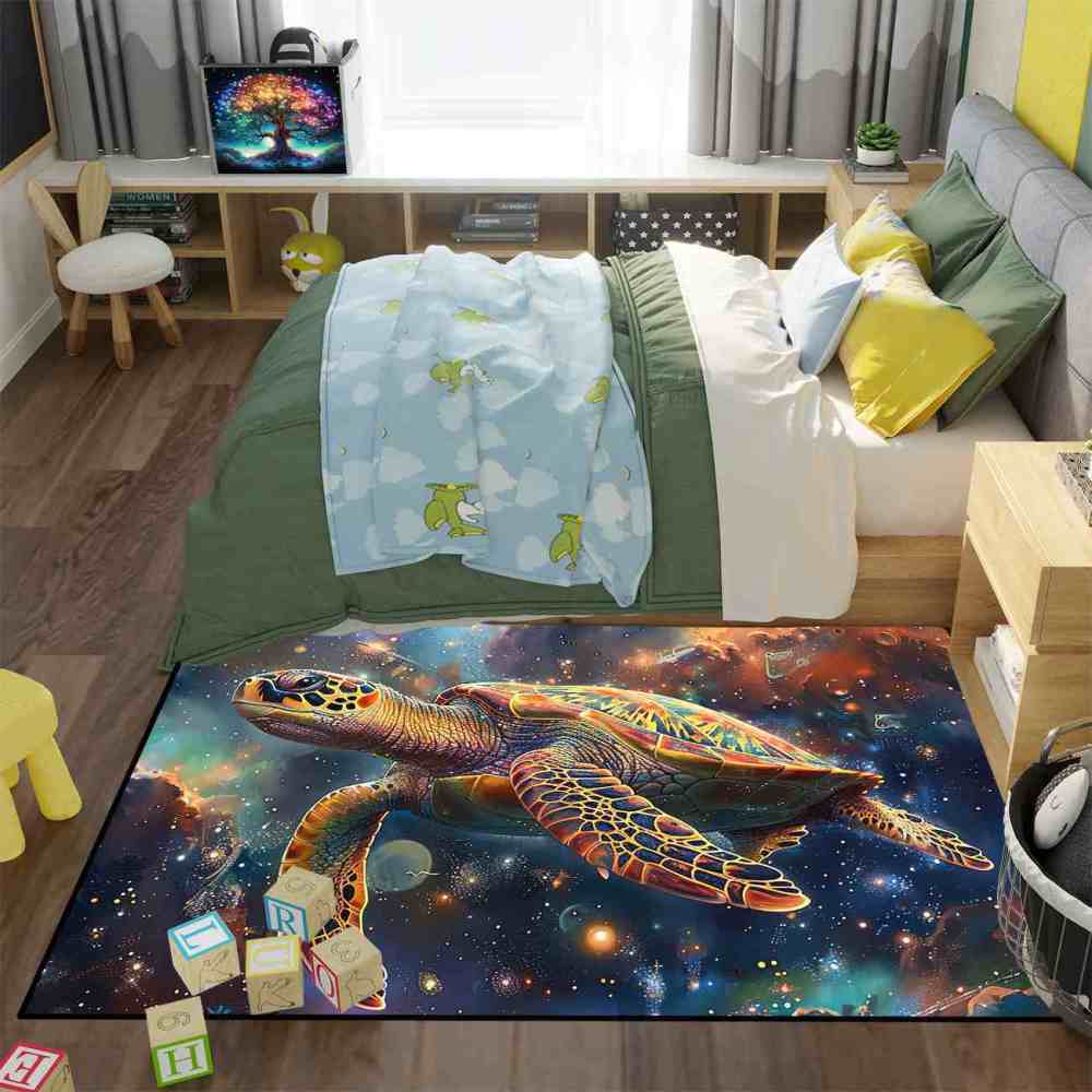 Cosmic Space Sea Turtle Rug Upgrade Ultra Non-Slip Backing Teen Room | CozyLil