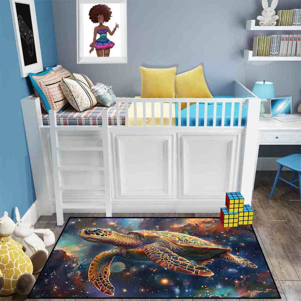 Cosmic Space Sea Turtle Rug Upgrade Ultra Non-Slip Backing Teen Room | CozyLil