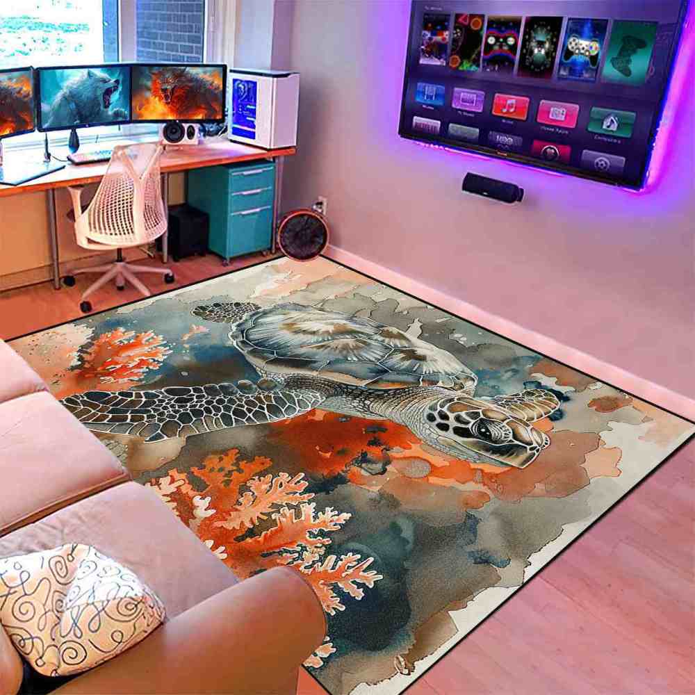 Watercolor Coral Sea Turtle Rug Upgrade Ultra Non-Slip Living Room | CozyLil