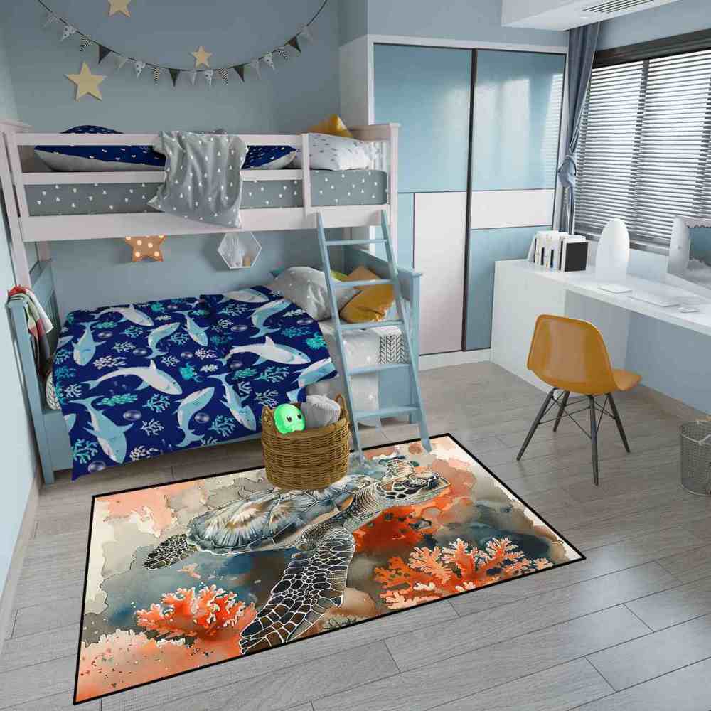 Watercolor Coral Sea Turtle Rug Upgrade Ultra Non-Slip Living Room | CozyLil