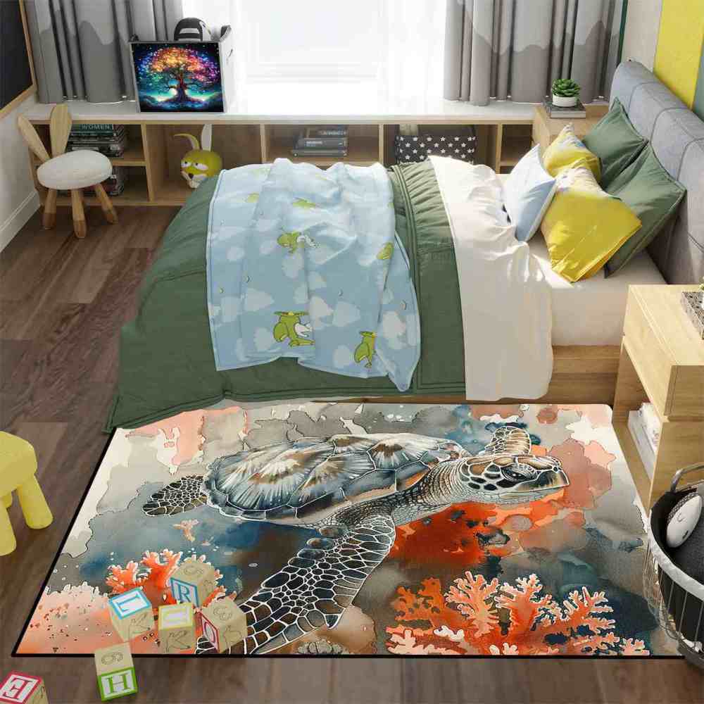 Watercolor Coral Sea Turtle Rug Upgrade Ultra Non-Slip Living Room | CozyLil