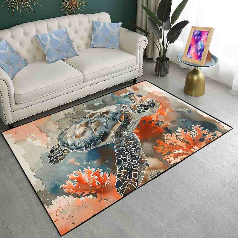 Watercolor Coral Sea Turtle Rug Upgrade Ultra Non-Slip Living Room | CozyLil