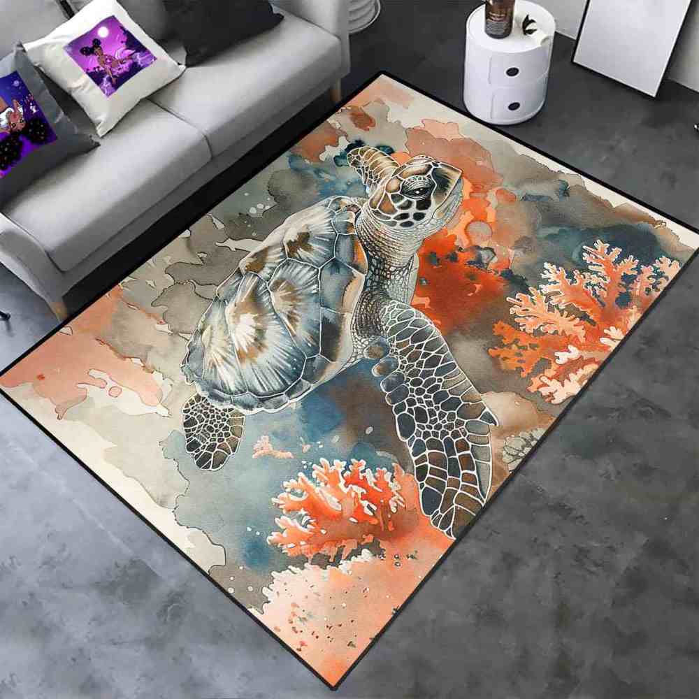 Watercolor Coral Sea Turtle Rug Upgrade Ultra Non-Slip Living Room | CozyLil