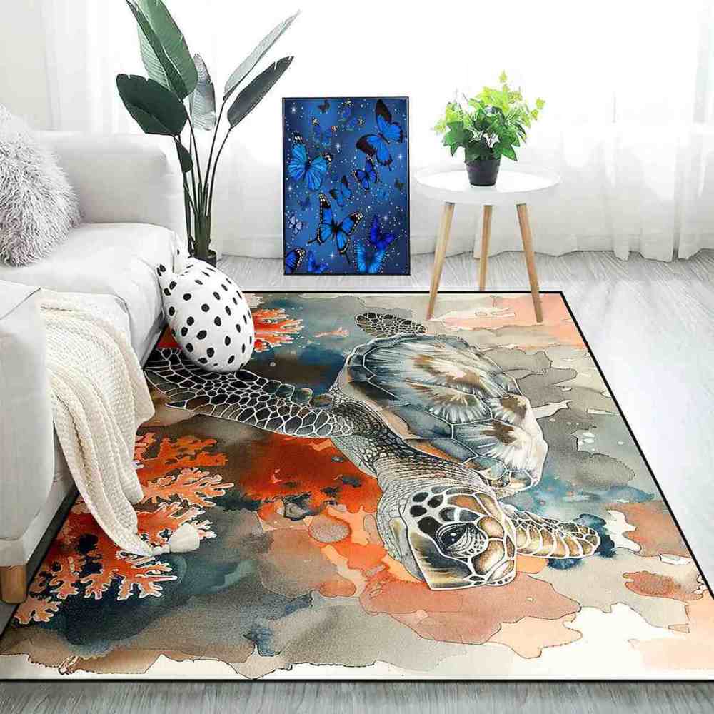 Watercolor Coral Sea Turtle Rug Upgrade Ultra Non-Slip Living Room | CozyLil