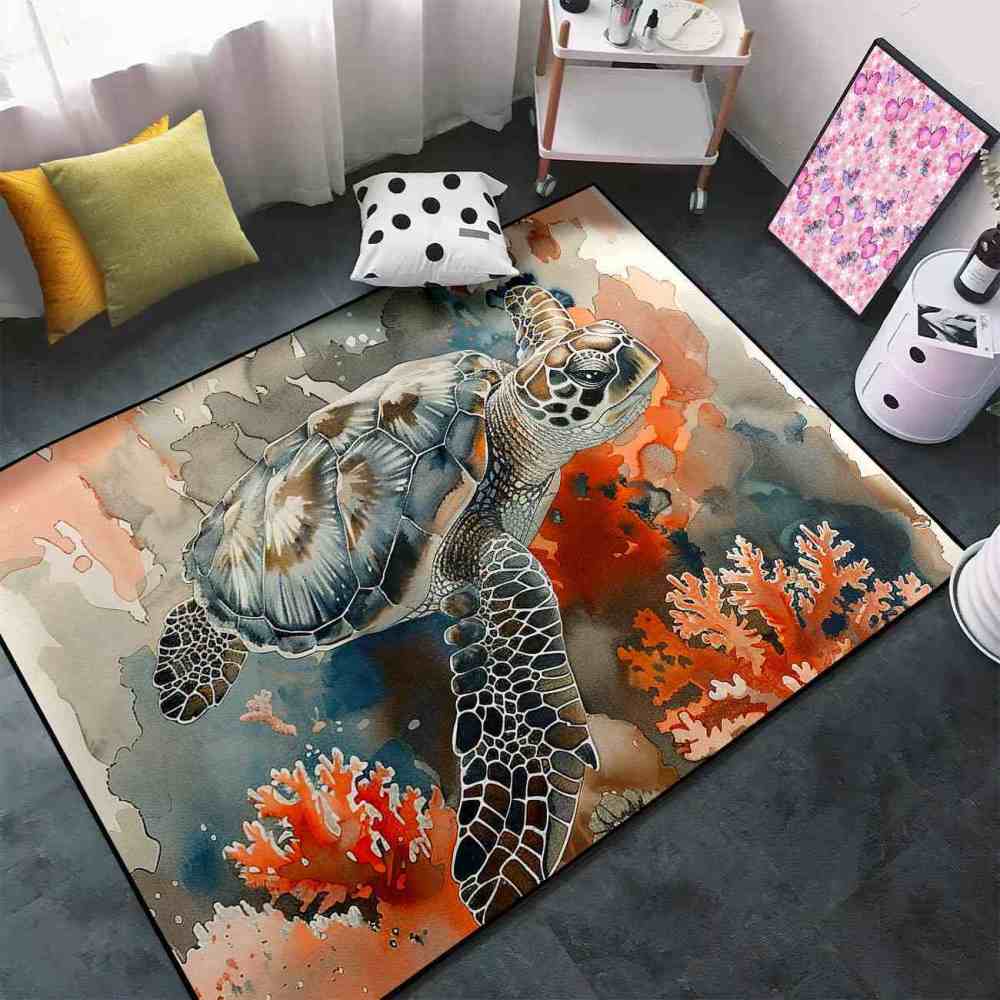 Watercolor Coral Sea Turtle Rug Upgrade Ultra Non-Slip Living Room | CozyLil