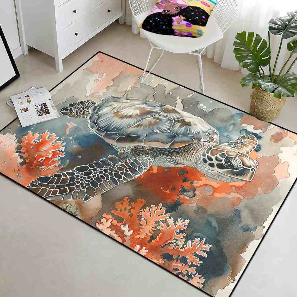 Watercolor Coral Sea Turtle Rug Upgrade Ultra Non-Slip Living Room | CozyLil